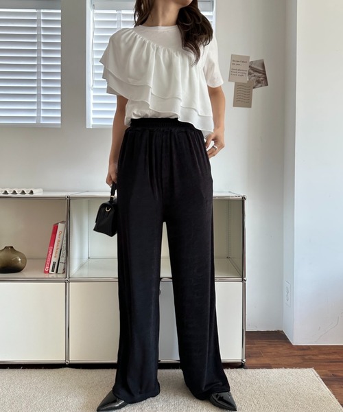 umune（ウムネ）の「ジャージパンツ イージーパンツ ストレート ワイド シルエット ウエストゴム 落ち感 ボトムス ロング丈 リラックス カジュアル（その他パンツ・レディース・ベージュ/キャメル/ブラック・L/M）」の11枚目の写真