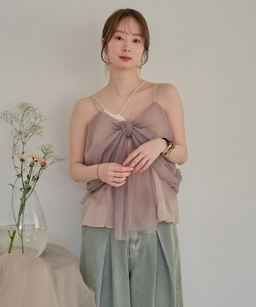 mideal(マイディール)の「2way tulle ribbon tops / 2wayチュールリボントップス(キャミソール・レディース・ピンク/ベージュ/ブルーグレー・FREE)」の6枚目の写真