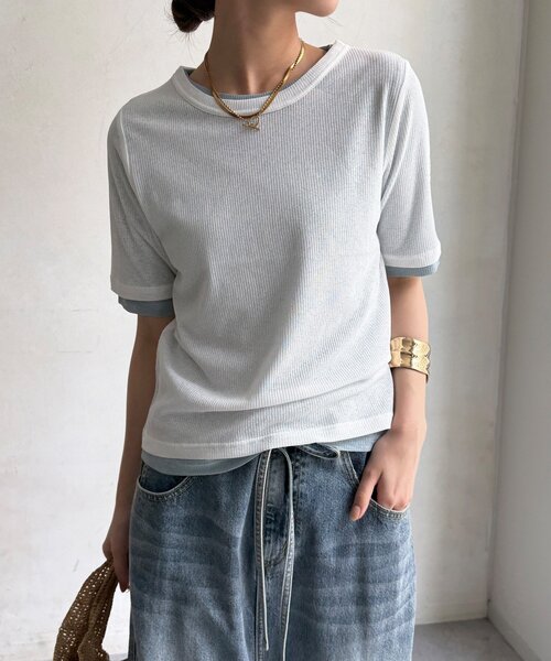 DouDou（ドゥドゥ）の「【WEB限定】2枚setシアーテレコTEE（Tシャツ/カットソー・レディース・ブラック/イエロー/チャコールグレー/オフホワイト・FREE）」の2枚目の写真