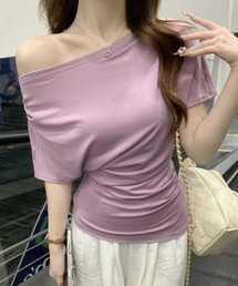 オープンショルダー ギャザー 半袖Tシャツ