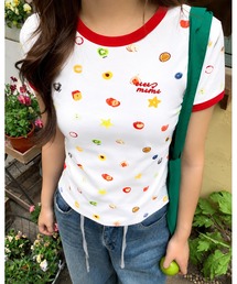 フルーツプリント+ロゴ刺しゅうリンガーTシャツ