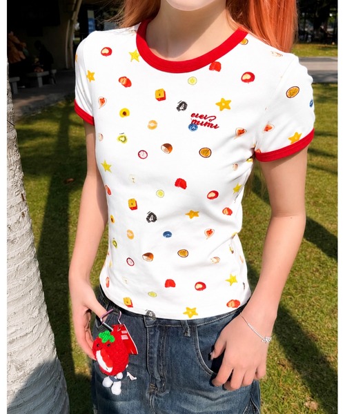 inst.ALL(インストール)の「フルーツプリント+ロゴ刺しゅうリンガーTシャツ(Tシャツ/カットソー・レディース・ホワイト・M)」の17枚目の写真