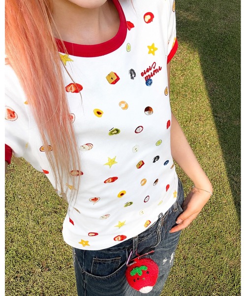inst.ALL(インストール)の「フルーツプリント+ロゴ刺しゅうリンガーTシャツ(Tシャツ/カットソー・レディース・ホワイト・M)」の16枚目の写真