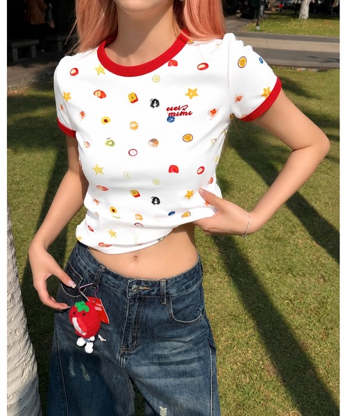 inst.ALL(インストール)の「フルーツプリント+ロゴ刺しゅうリンガーTシャツ(Tシャツ/カットソー・レディース・ホワイト・M)」の15枚目の写真