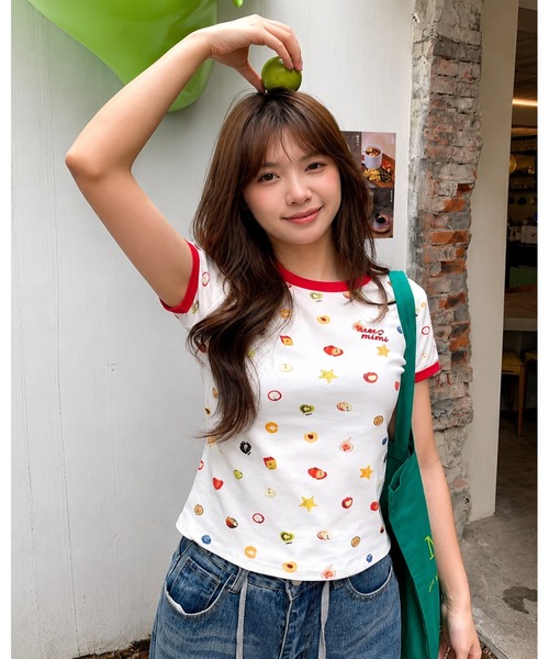 inst.ALL(インストール)の「フルーツプリント+ロゴ刺しゅうリンガーTシャツ(Tシャツ/カットソー・レディース・ホワイト・M)」の8枚目の写真