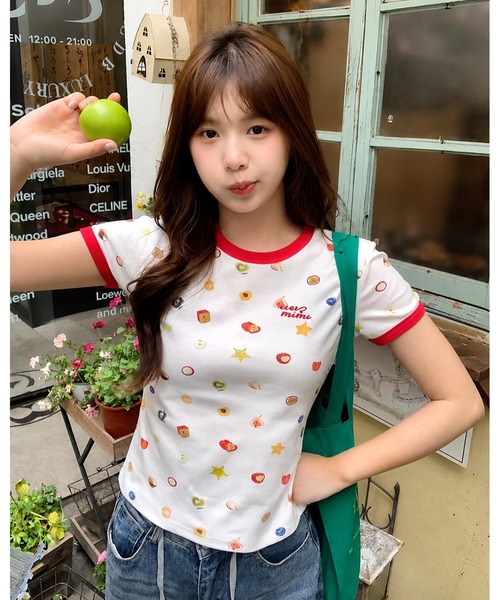 inst.ALL(インストール)の「フルーツプリント+ロゴ刺しゅうリンガーTシャツ(Tシャツ/カットソー・レディース・ホワイト・M)」の7枚目の写真