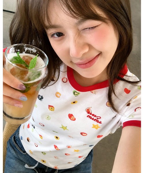 inst.ALL(インストール)の「フルーツプリント+ロゴ刺しゅうリンガーTシャツ(Tシャツ/カットソー・レディース・ホワイト・M)」の6枚目の写真
