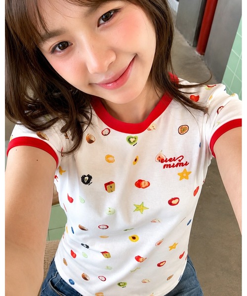 inst.ALL(インストール)の「フルーツプリント+ロゴ刺しゅうリンガーTシャツ(Tシャツ/カットソー・レディース・ホワイト・M)」の5枚目の写真