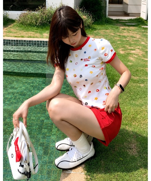 inst.ALL(インストール)の「フルーツプリント+ロゴ刺しゅうリンガーTシャツ(Tシャツ/カットソー・レディース・ホワイト・M)」の3枚目の写真