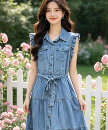 ティアードギャザーノースリデニムシャツワンピース