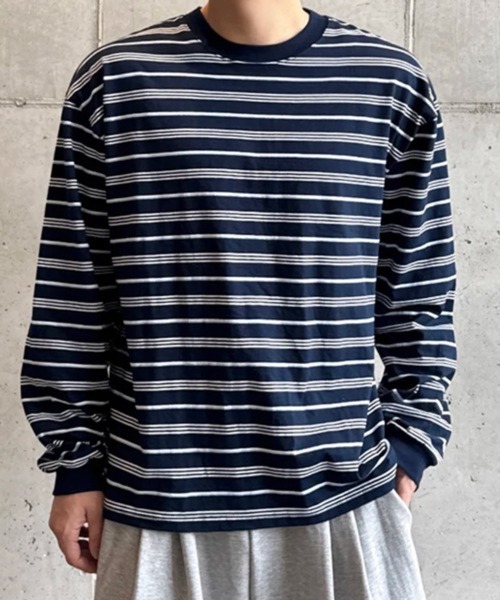 NOWLE(ノウル)の「【NOWLE】レトロボーダー ドロップショルダー プルオーバー ロングスリーブ Tシャツ(Tシャツ/カットソー・メンズ・ネイビー・LARGE/MEDIUM/X-LARGE)」の2枚目の写真