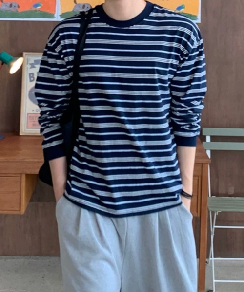 NOWLE(ノウル)の「【NOWLE】レトロボーダー ドロップショルダー プルオーバー ロングスリーブ Tシャツ(Tシャツ/カットソー・メンズ・ネイビー・LARGE/MEDIUM/X-LARGE)」の6枚目の写真