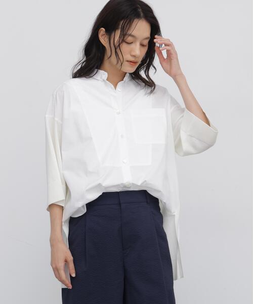 human woman(ヒューマンウーマン)の「◆布帛コンビニットシャツ(ニット/セーター・レディース・ホワイト/ネイビー・MEDIUM)」の1枚目の写真