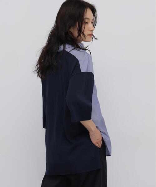 human woman(ヒューマンウーマン)の「◆布帛コンビニットシャツ(ニット/セーター・レディース・ホワイト/ネイビー・MEDIUM)」の12枚目の写真