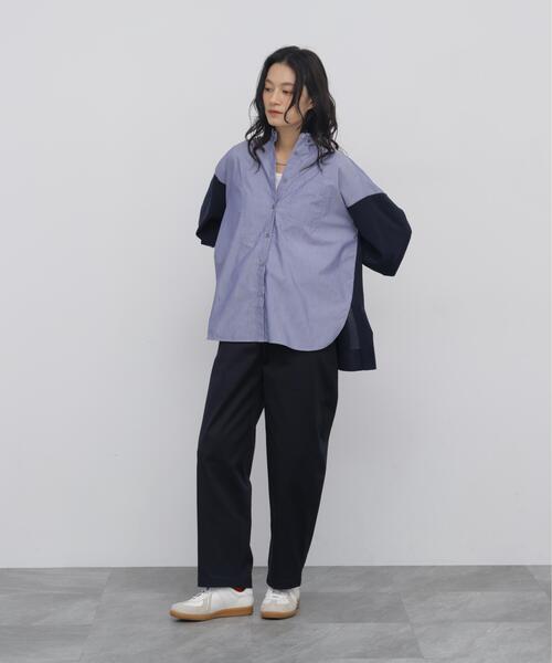 human woman(ヒューマンウーマン)の「◆布帛コンビニットシャツ(ニット/セーター・レディース・ホワイト/ネイビー・MEDIUM)」の11枚目の写真