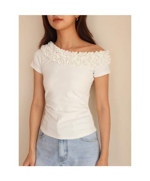 BIRTHDAY BASH(バースデイバッシュ)の「SOPHIA ONE SHOULDER FRILL TOPS(ソフィア ワンショルダーフリルトップス)(Tシャツ/カットソー・レディース・ピンク/ブラック/ホワイト・FREE)」の9枚目の写真