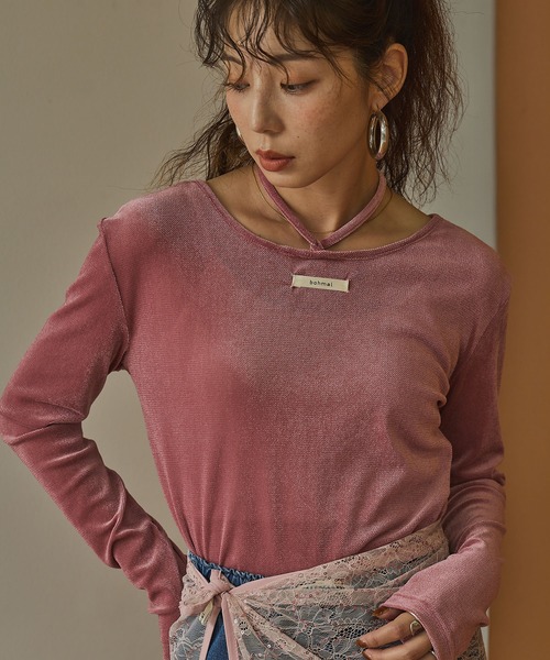 bohmal(ボマール)の「2wayシアーベロアツイストデザイントップス(Tシャツ/カットソー・レディース・ライム/ピンク/ブラウン・FREE)」の3枚目の写真
