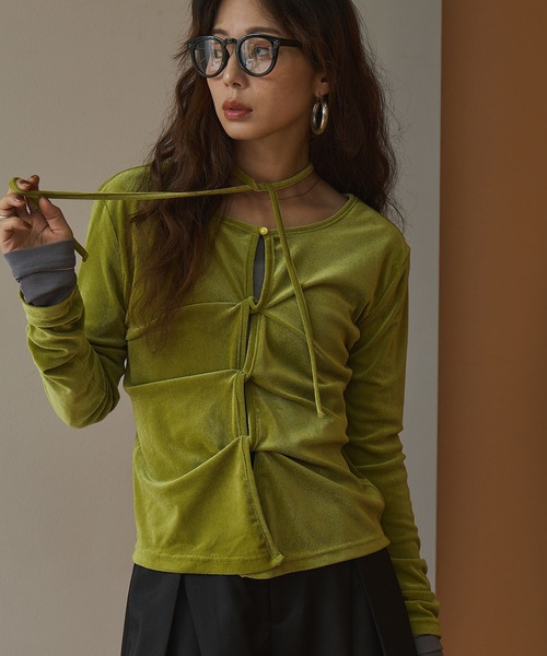bohmal(ボマール)の「2wayシアーベロアツイストデザイントップス(Tシャツ/カットソー・レディース・ライム/ピンク/ブラウン・FREE)」の2枚目の写真