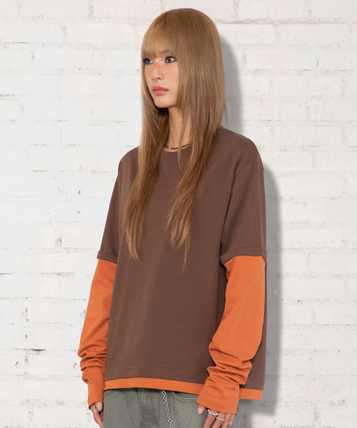 XTONZ(エクストーンズ)の「XTT166 ロールアップレイヤードクロップロングスリーブ (ブラウン)(Tシャツ/カットソー・レディース・その他・MEDIUM/LARGE)」の9枚目の写真