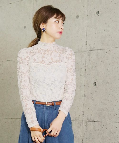 reca(レカ)の「【スタッフ一押し】総レースストレッチカットソー(Tシャツ/カットソー・レディース・アイボリー/ブラック/ワイン・FREE)」の2枚目の写真