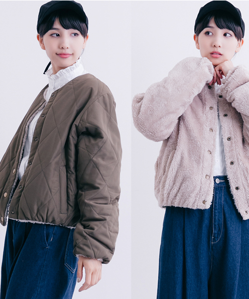 MERLOT（メルロー）の「ピーチ×ボアリバーシブルジャケット000-6527（ダウンジャケット/コート・レディース・ブラック/ベージュ/カーキ・FREE）」の3枚目の写真