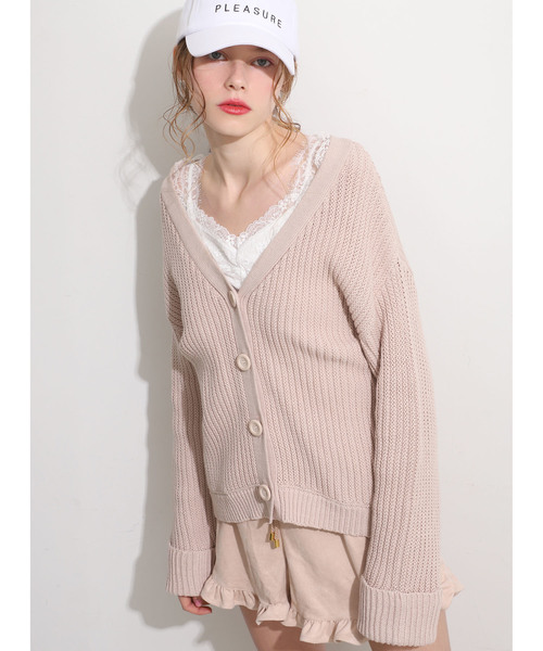 one after another NICE CLAUP(ワンアフターアナザーナイスクラップ)の「レース付きぎゅっとカーディガン(カーディガン/ボレロ・レディース・ブラック/ベージュ/オフホワイト/ピンク・FREE)」の1枚目の写真