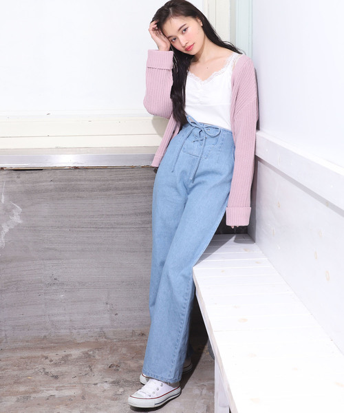 one after another NICE CLAUP(ワンアフターアナザーナイスクラップ)の「レース付きぎゅっとカーディガン(カーディガン/ボレロ・レディース・ブラック/ベージュ/オフホワイト/ピンク・FREE)」の9枚目の写真