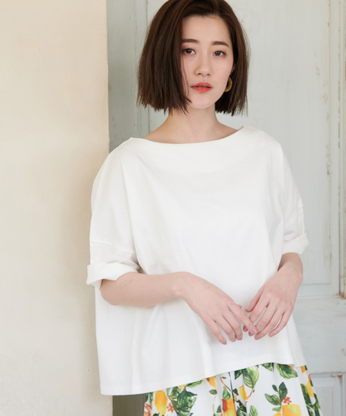 ROPE' PICNIC(ロペピクニック)の「天竺ドロップショルダープルオーバー(Tシャツ/カットソー・レディース・ホワイト/ピンク/イエロー/スミクロ・40/38)」の2枚目の写真
