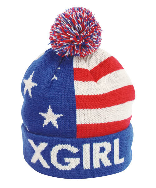 X-girl Stages(エックスガールステージス)の「“OLD GLORY” KNIT CAP(ニットキャップ/ビーニー・キッズ・ネイビー/ピンク・ONE SIZE)」の1枚目の写真