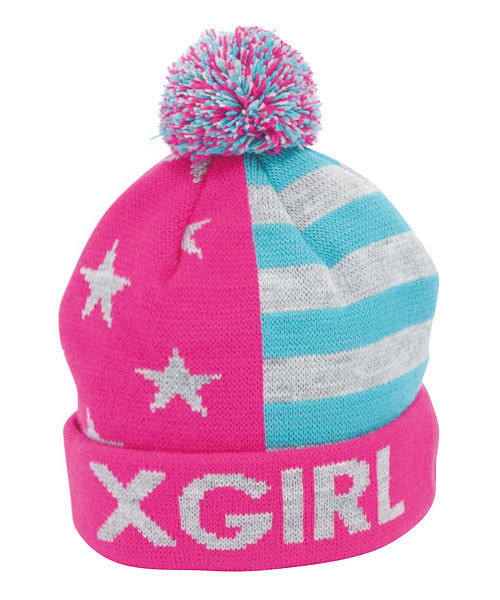 X-girl Stages(エックスガールステージス)の「“OLD GLORY” KNIT CAP(ニットキャップ/ビーニー・キッズ・ネイビー/ピンク・ONE SIZE)」の2枚目の写真