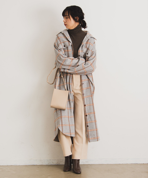 Aunt Marie's(アントマリーズ)の「AUNT MARIE'S チェックCPOロングシャツアウター(シャツワンピース・レディース・ブラック/ブラウン/グレー・FREE)」の2枚目の写真
