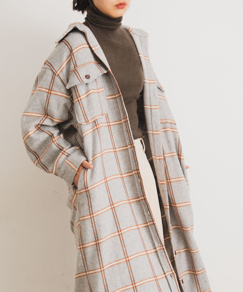 Aunt Marie's(アントマリーズ)の「AUNT MARIE'S チェックCPOロングシャツアウター(シャツワンピース・レディース・ブラック/ブラウン/グレー・FREE)」の12枚目の写真