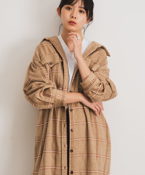 Aunt Marie's(アントマリーズ)の「AUNT MARIE'S チェックCPOロングシャツアウター(シャツワンピース・レディース・ブラック/ブラウン/グレー・FREE)」の13枚目の写真