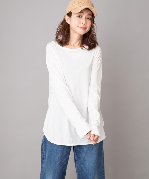 Munich（ミューニック）の「コットンリヨセルハイゲージジャージー　ラウンドヘムTシャツ（Tシャツ/カットソー・レディース・ホワイト/ライトグリーン/ダークグレー/ダークベージュ/ペールイエロー/ブラック/ライトベージュ・FREE）」の2枚目の写真