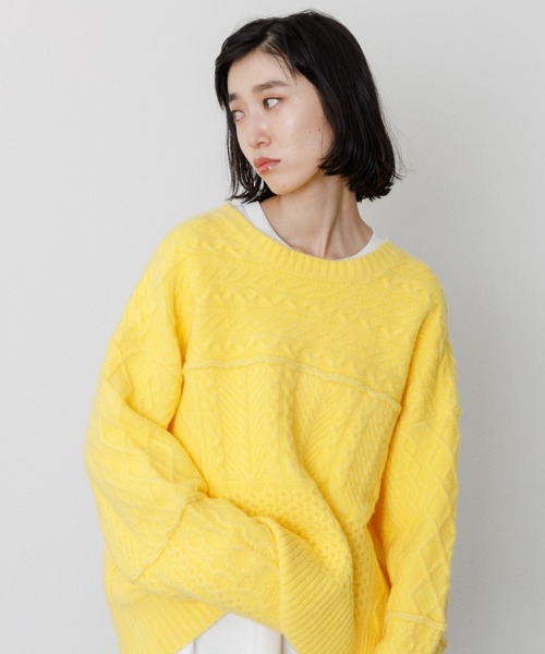 VACANCY（ヴァカンシー）の「パッチワークケーブルニット（ニット/セーター・レディース・ブラック/イエロー/オレンジ/ライトグリーン/ナチュラル・FREE）」の4枚目の写真