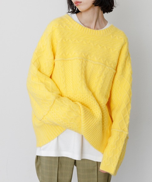 VACANCY（ヴァカンシー）の「パッチワークケーブルニット（ニット/セーター・レディース・ブラック/イエロー/オレンジ/ライトグリーン/ナチュラル・FREE）」の15枚目の写真