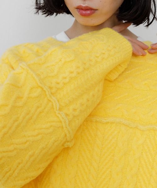 VACANCY（ヴァカンシー）の「パッチワークケーブルニット（ニット/セーター・レディース・ブラック/イエロー/オレンジ/ライトグリーン/ナチュラル・FREE）」の10枚目の写真