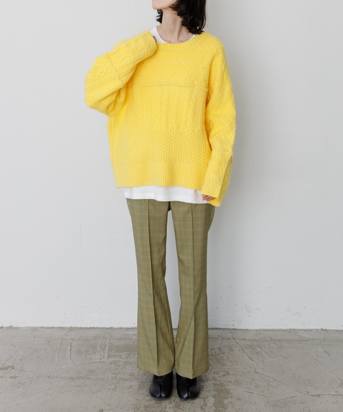 VACANCY（ヴァカンシー）の「パッチワークケーブルニット（ニット/セーター・レディース・ブラック/イエロー/オレンジ/ライトグリーン/ナチュラル・FREE）」の13枚目の写真