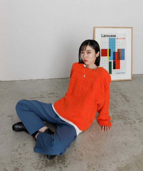 VACANCY（ヴァカンシー）の「パッチワークケーブルニット（ニット/セーター・レディース・ブラック/イエロー/オレンジ/ライトグリーン/ナチュラル・FREE）」の17枚目の写真