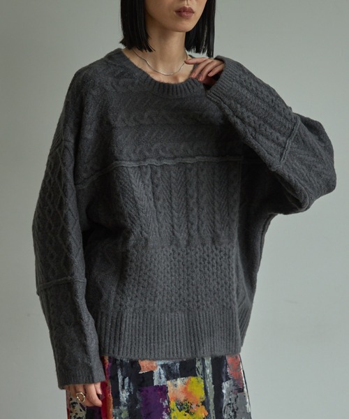 VACANCY（ヴァカンシー）の「パッチワークケーブルニット（ニット/セーター・レディース・ブラック/イエロー/オレンジ/ライトグリーン/ナチュラル・FREE）」の20枚目の写真