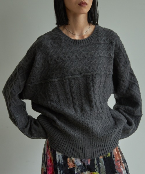 VACANCY（ヴァカンシー）の「パッチワークケーブルニット（ニット/セーター・レディース・ブラック/イエロー/オレンジ/ライトグリーン/ナチュラル・FREE）」の21枚目の写真