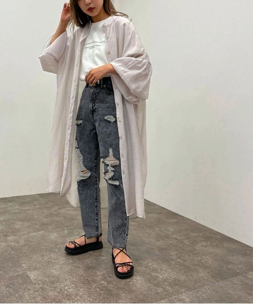 apres jour mignon（アプレジュールミニョン）の「シアーシャツワンピ ース【ZOZOTOWN限定アイテム】（ワンピース・レディース・ブラック/グリーン系その他/ホワイト系その他/パープル・フリー/X-LARGE）」の22枚目の写真