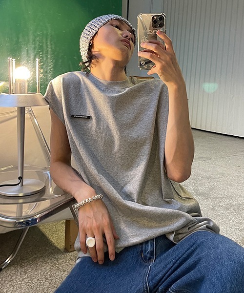 MASONPRINCE（メイソンプリンス）の「【MASONPRINCE】Broad shoulders adhesive label sleeveless t-shirt BX3014（Tシャツ/カットソー・メンズ・ホワイト/ブラック/グレー/グリーン・S/M/L）」の4枚目の写真