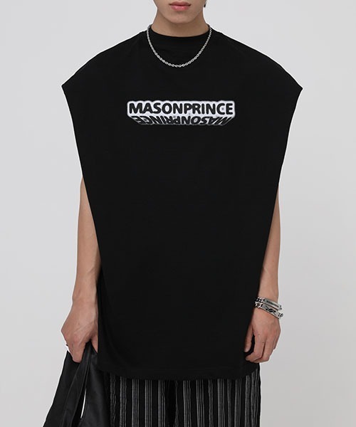 MASONPRINCE（メイソンプリンス）の「【MASONPRINCE】Broad shoulders adhesive label sleeveless t-shirt BX3014（Tシャツ/カットソー・メンズ・ホワイト/ブラック/グレー/グリーン・S/M/L）」の3枚目の写真