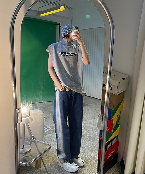 MASONPRINCE（メイソンプリンス）の「【MASONPRINCE】Broad shoulders adhesive label sleeveless t-shirt BX3014（Tシャツ/カットソー・メンズ・ホワイト/ブラック/グレー/グリーン・S/M/L）」の7枚目の写真