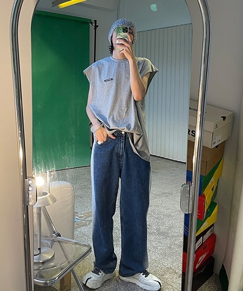 MASONPRINCE（メイソンプリンス）の「【MASONPRINCE】Broad shoulders adhesive label sleeveless t-shirt BX3014（Tシャツ/カットソー・メンズ・ホワイト/ブラック/グレー/グリーン・S/M/L）」の8枚目の写真