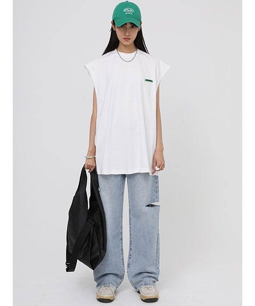 MASONPRINCE（メイソンプリンス）の「【MASONPRINCE】Broad shoulders adhesive label sleeveless t-shirt BX3014（Tシャツ/カットソー・メンズ・ホワイト/ブラック/グレー/グリーン・S/M/L）」の13枚目の写真