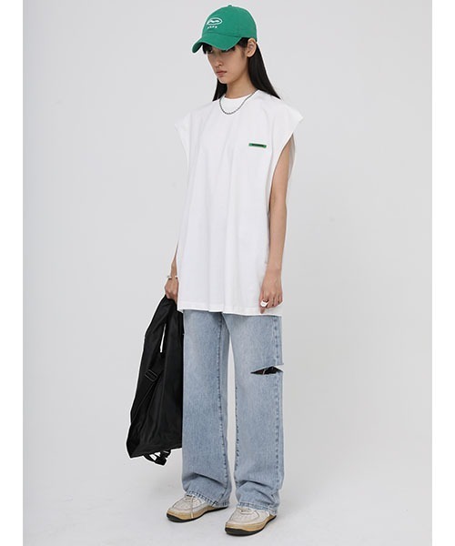 MASONPRINCE（メイソンプリンス）の「【MASONPRINCE】Broad shoulders adhesive label sleeveless t-shirt BX3014（Tシャツ/カットソー・メンズ・ホワイト/ブラック/グレー/グリーン・S/M/L）」の14枚目の写真