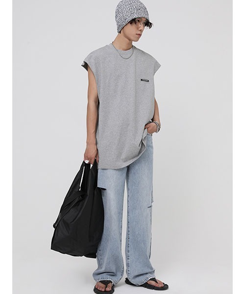 MASONPRINCE（メイソンプリンス）の「【MASONPRINCE】Broad shoulders adhesive label sleeveless t-shirt BX3014（Tシャツ/カットソー・メンズ・ホワイト/ブラック/グレー/グリーン・S/M/L）」の22枚目の写真