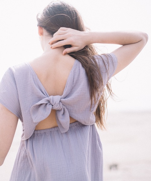 CAMILLE EAU（カミーユオー）の「バックリボンガーゼタッチワンピース（ワンピース・レディース・ブルー/ラベンダー/チェック・MEDIUM）」の11枚目の写真